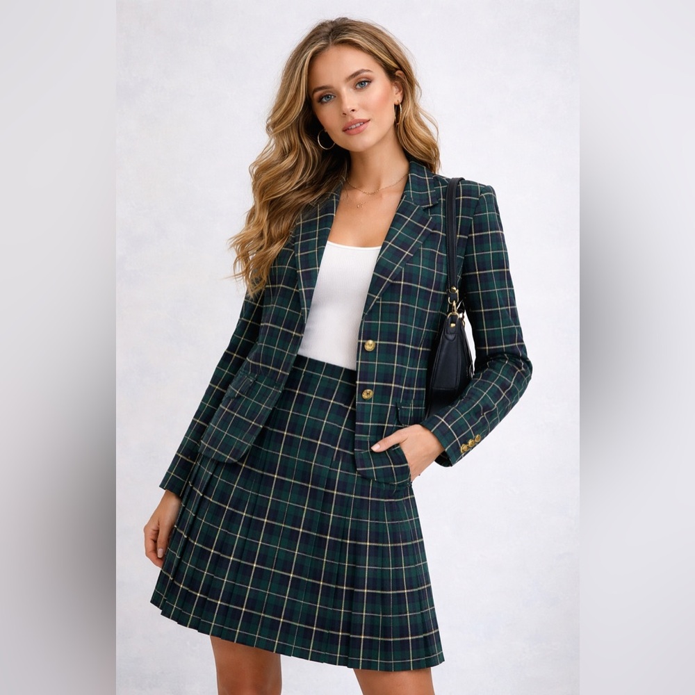 Vintage Pendleton Women's Blazer Skirt Suit
Set Green Navy Plaid Wool Sz 12